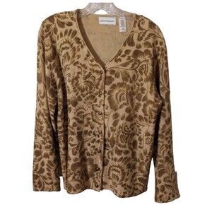 Alfred Dunner Cardigan Sweater Womens Med. Beige Brown Floral & Beaded  V Neck